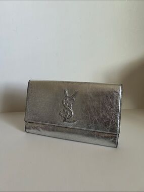 Saint Laurent Metallic Silver YSL Flap Clutch
